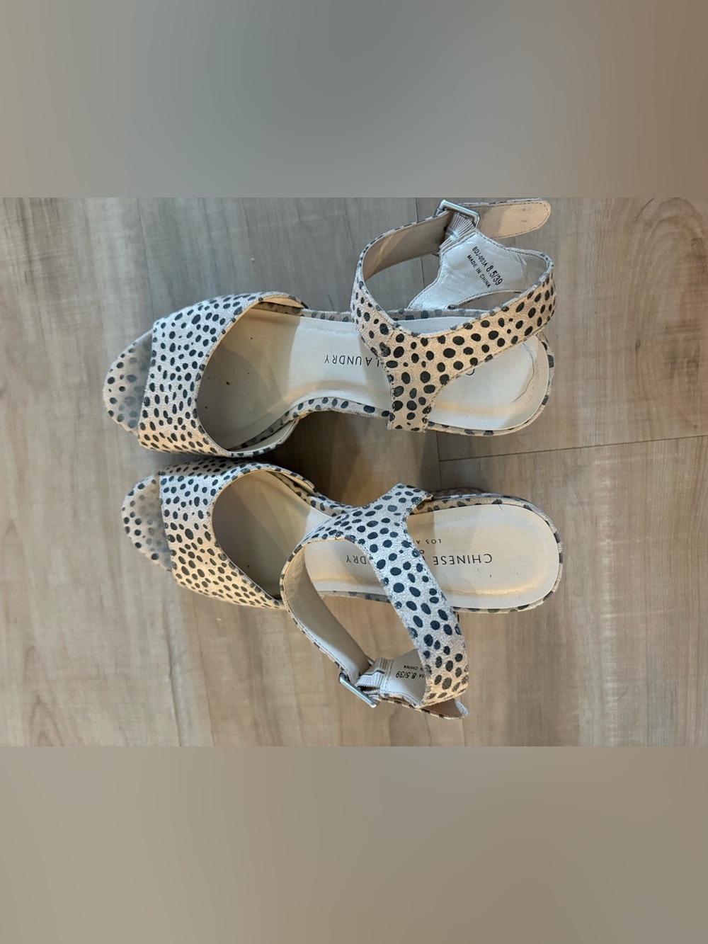 Chinese Laundry Cream and Black Spotted Ankle Strap Heels